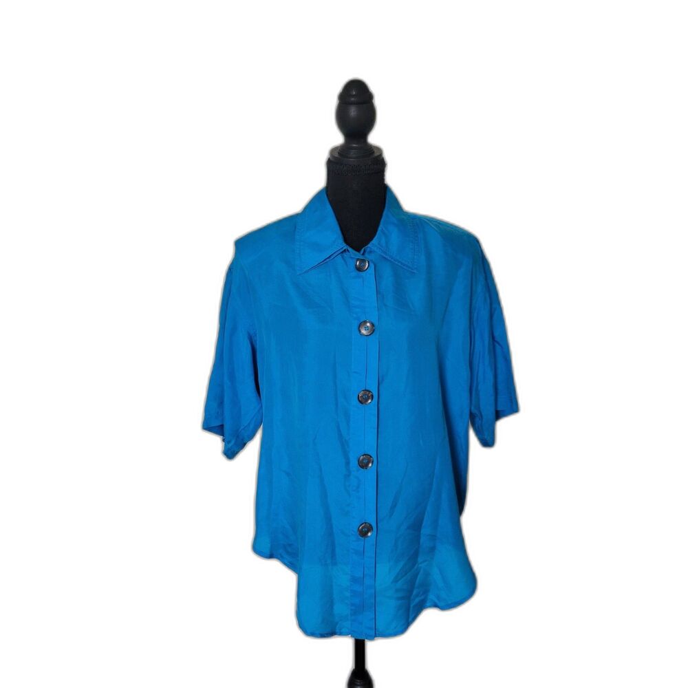 90s Vintage Sophisticates Bright Blue 100% Silk Blouse w/Shoulder Pads Size S
